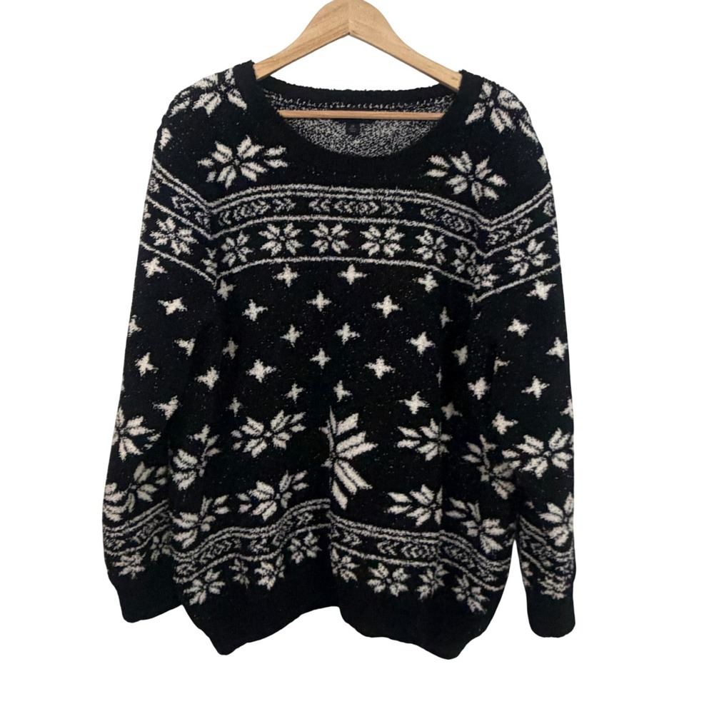 Barefoot Dreams CozyChic Sweater Womens 2X Black White Excellent Fair Isle Knit
